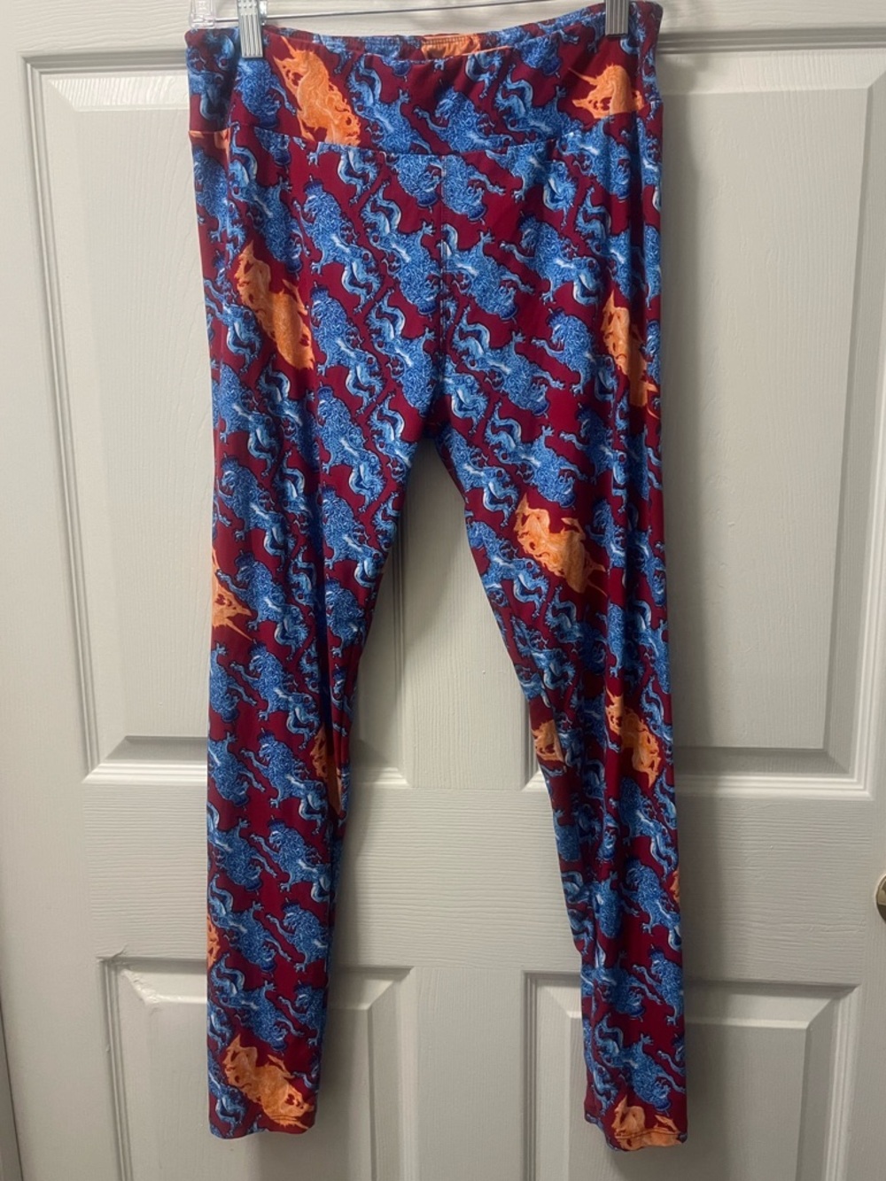 LuLaRoe Women’s Stretch Leggings Maroon Blue & Orange Unicorn and Lion print TC